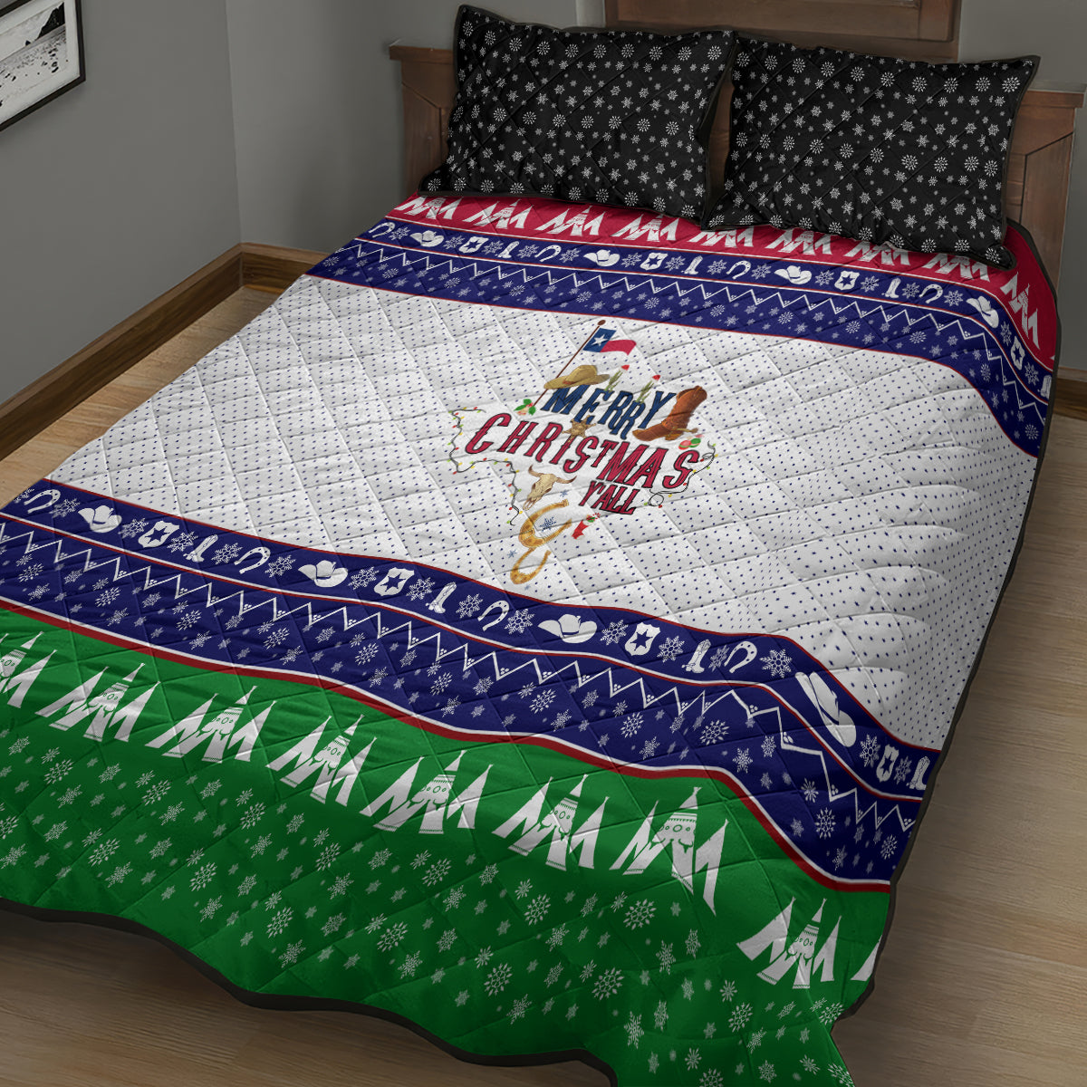 Merry Christmas Yall Texas Quilt Bed Set - Wonder Print Shop