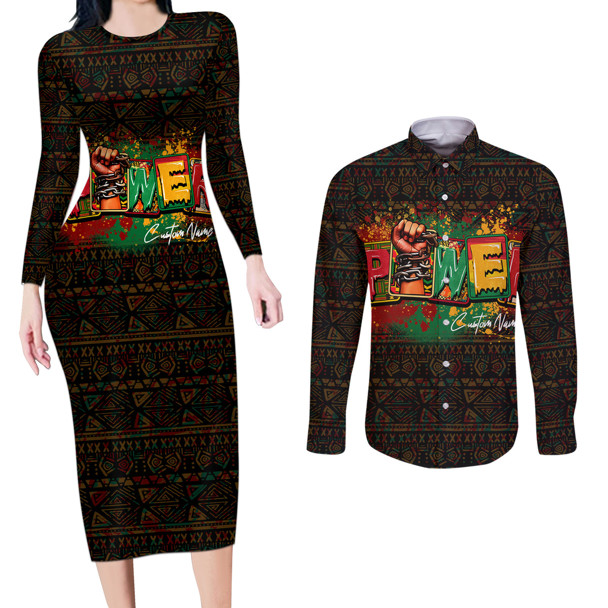 Personalized Power African Couples Matching Long Sleeve Bodycon Dress and Long Sleeve Button Shirt - Wonder Print Shop