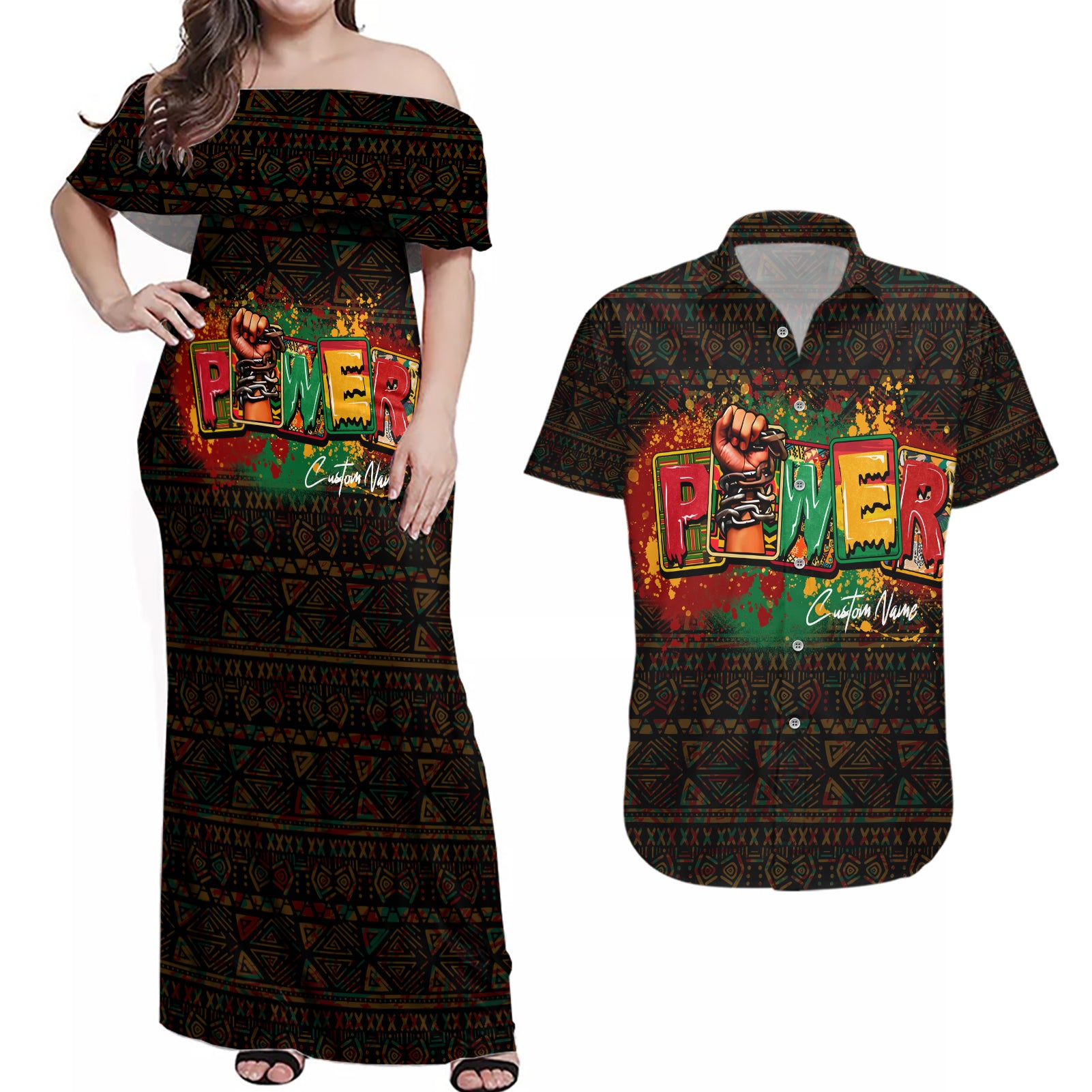 Personalized Power African Couples Matching Off Shoulder Maxi Dress and Hawaiian Shirt - Wonder Print Shop