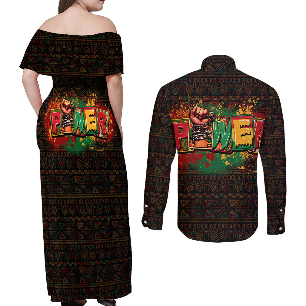 Personalized Power African Couples Matching Off Shoulder Maxi Dress and Long Sleeve Button Shirt - Wonder Print Shop