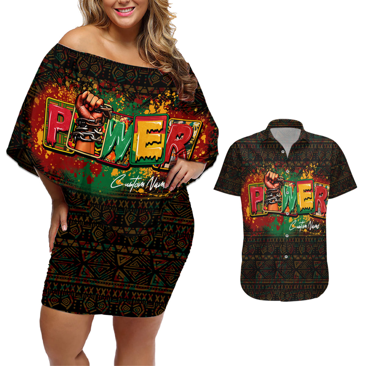 Personalized Power African Couples Matching Off Shoulder Short Dress and Hawaiian Shirt - Wonder Print Shop