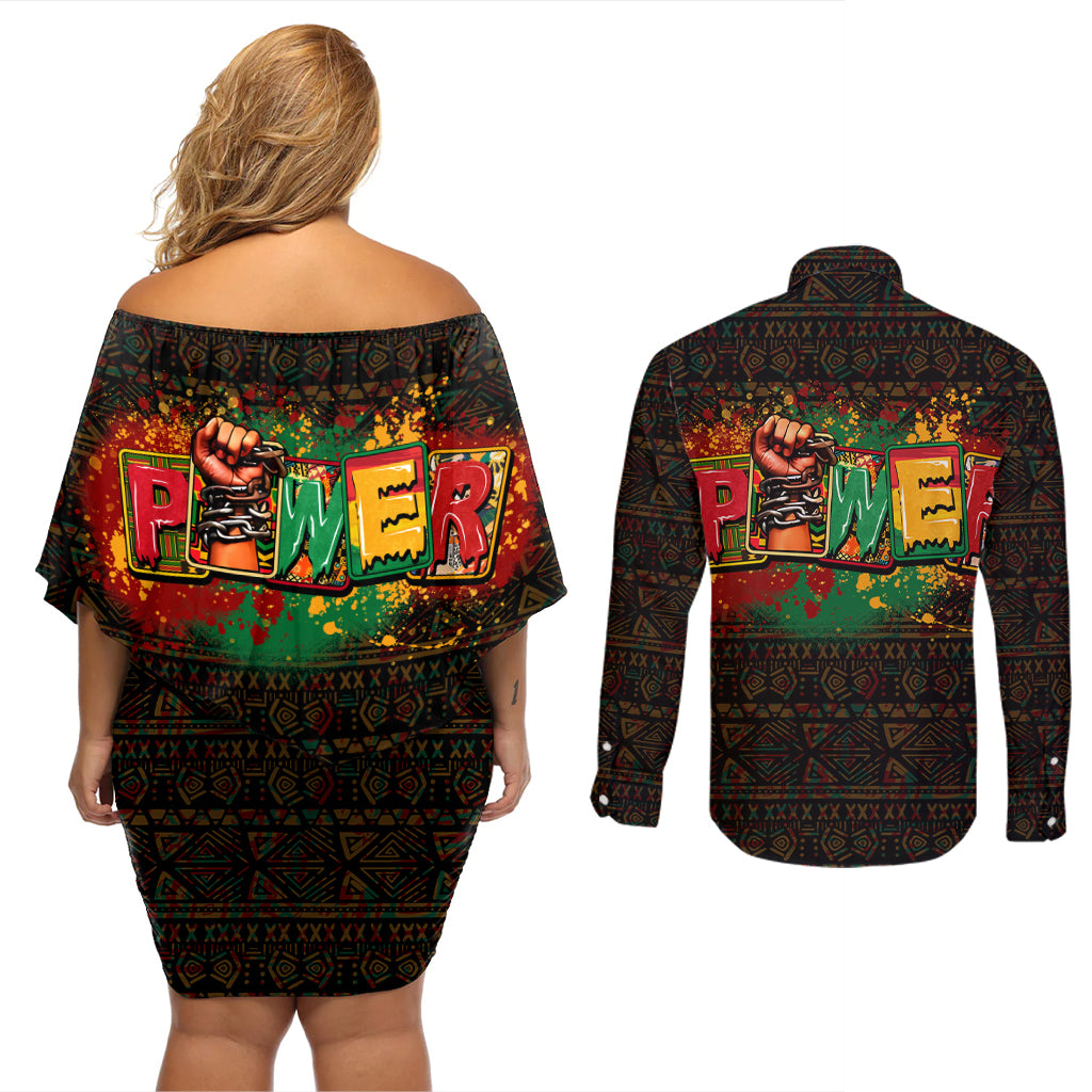 Personalized Power African Couples Matching Off Shoulder Short Dress and Long Sleeve Button Shirt - Wonder Print Shop