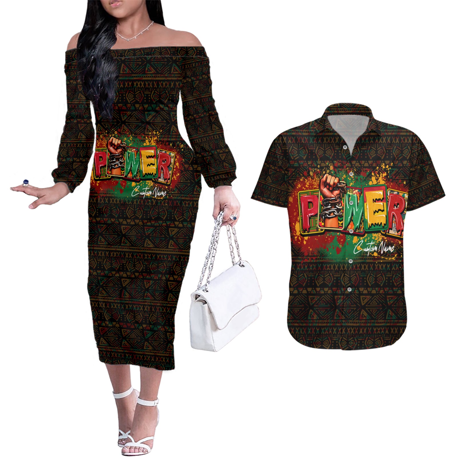 Personalized Power African Couples Matching Off The Shoulder Long Sleeve Dress and Hawaiian Shirt - Wonder Print Shop