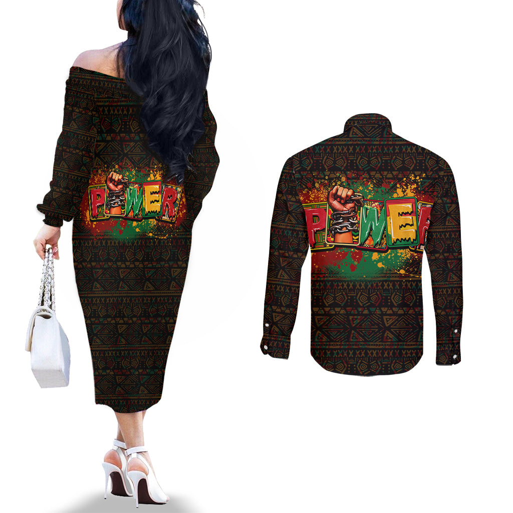 Personalized Power African Couples Matching Off The Shoulder Long Sleeve Dress and Long Sleeve Button Shirt