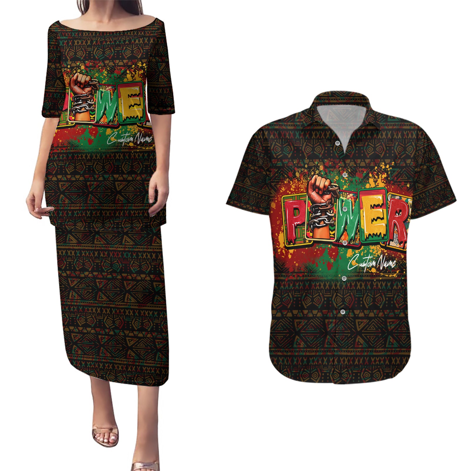 Personalized Power African Couples Matching Puletasi and Hawaiian Shirt - Wonder Print Shop