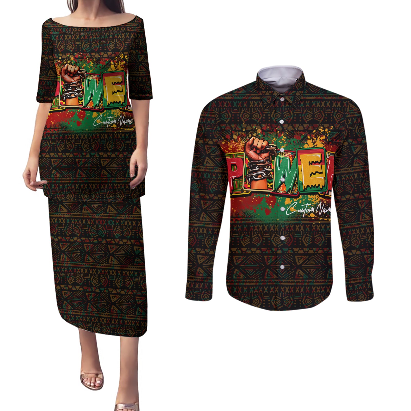 Personalized Power African Couples Matching Puletasi and Long Sleeve Button Shirt - Wonder Print Shop