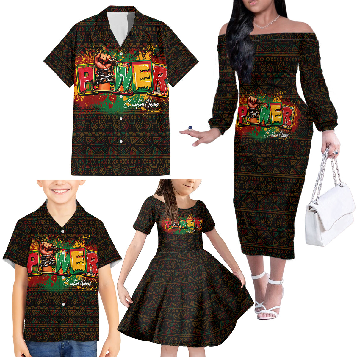Personalized Power African Family Matching Off Shoulder Long Sleeve Dress and Hawaiian Shirt - Wonder Print Shop