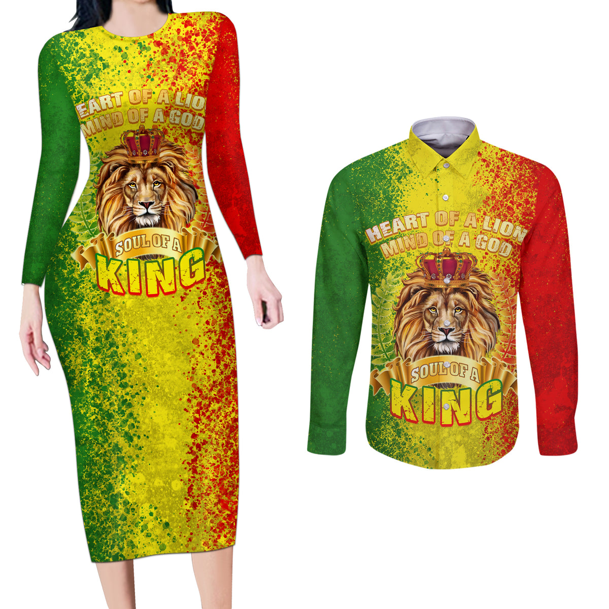 King's African Spirit Couples Matching Long Sleeve Bodycon Dress and Long Sleeve Button Shirt Heart of A Lion - Wonder Print Shop