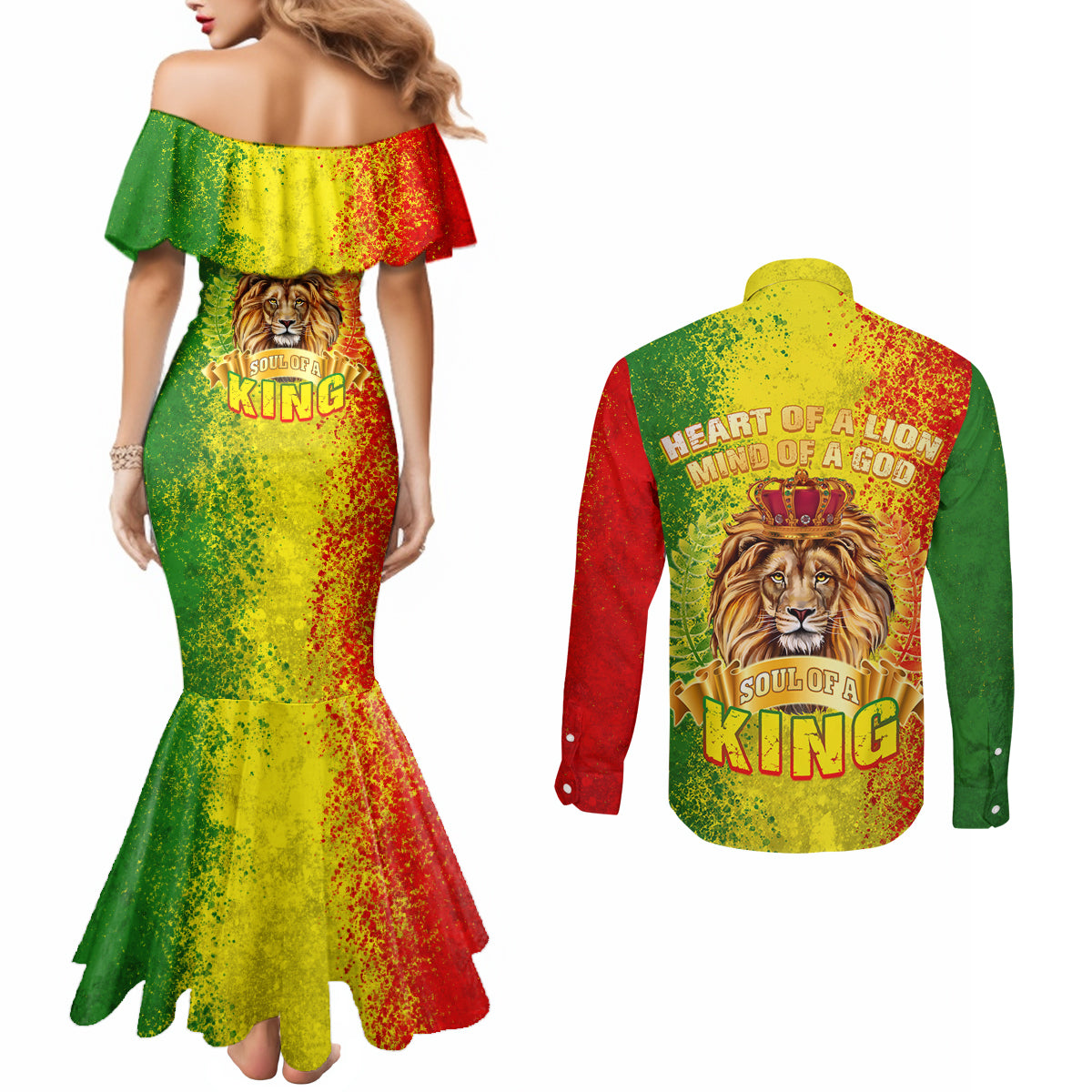 King's African Spirit Couples Matching Mermaid Dress and Long Sleeve Button Shirt Heart of A Lion