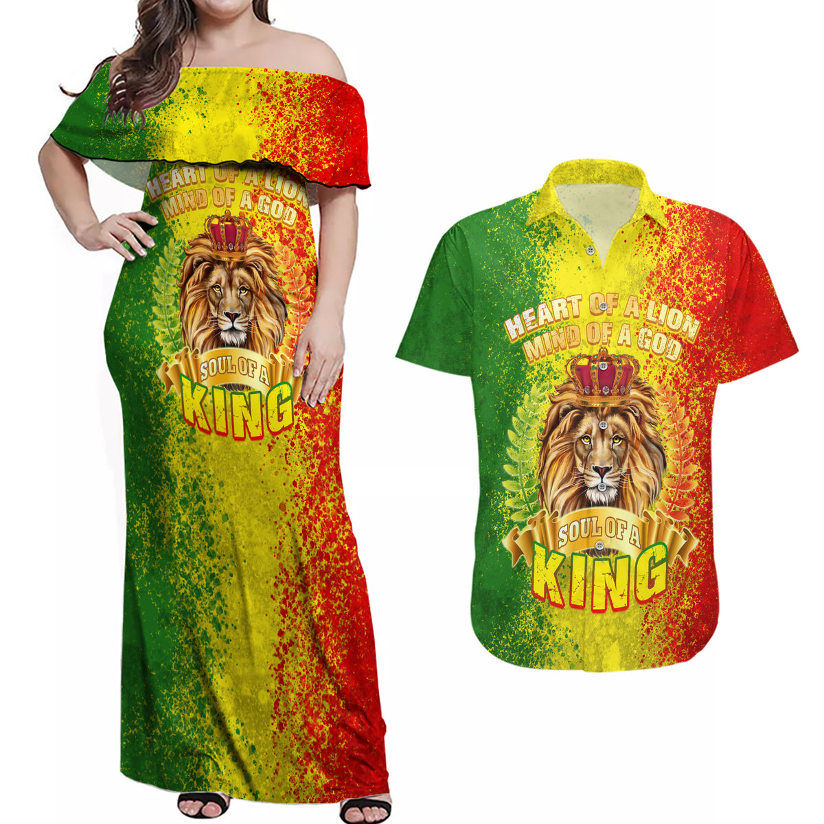King's African Spirit Couples Matching Off Shoulder Maxi Dress and Hawaiian Shirt Heart of A Lion - Wonder Print Shop