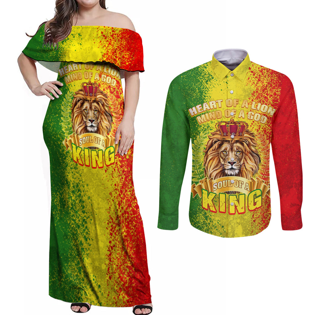 King's African Spirit Couples Matching Off Shoulder Maxi Dress and Long Sleeve Button Shirt Heart of A Lion - Wonder Print Shop
