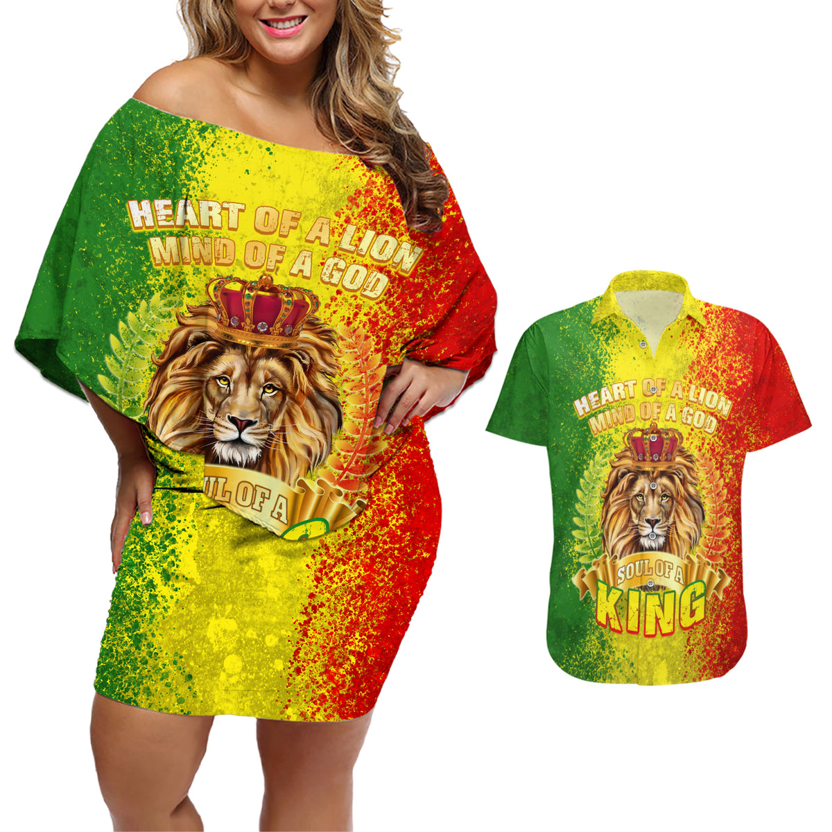 King's African Spirit Couples Matching Off Shoulder Short Dress and Hawaiian Shirt Heart of A Lion - Wonder Print Shop