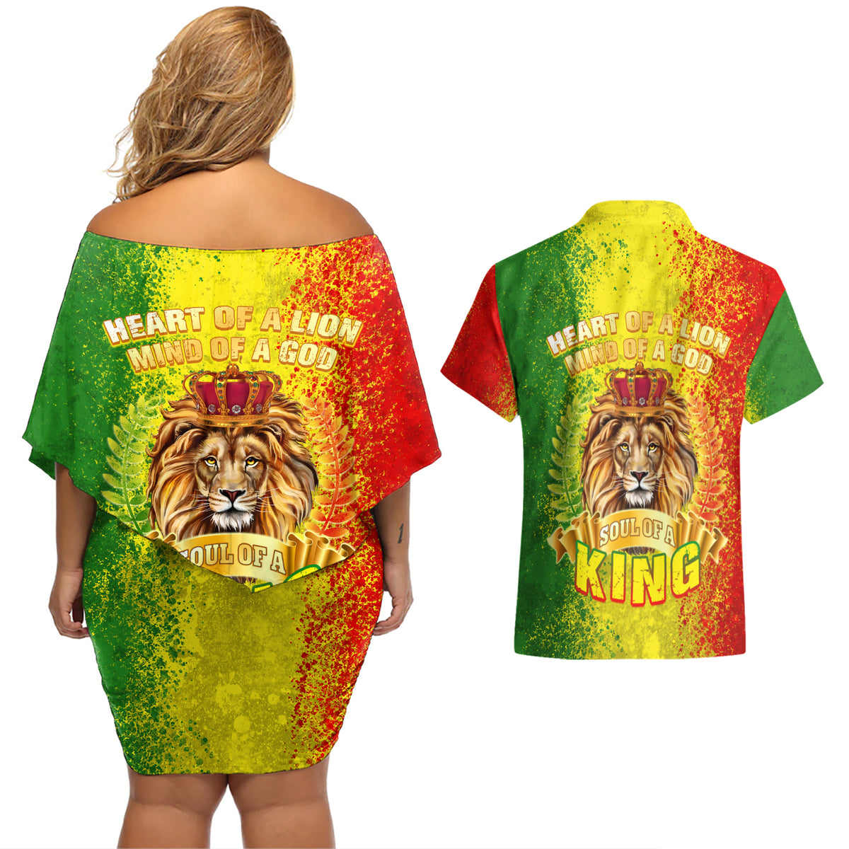 King's African Spirit Couples Matching Off Shoulder Short Dress and Hawaiian Shirt Heart of A Lion - Wonder Print Shop