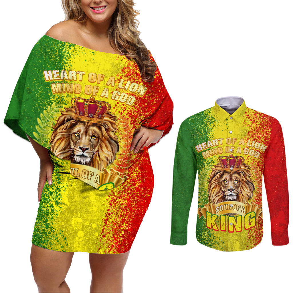 King's African Spirit Couples Matching Off Shoulder Short Dress and Long Sleeve Button Shirt Heart of A Lion - Wonder Print Shop