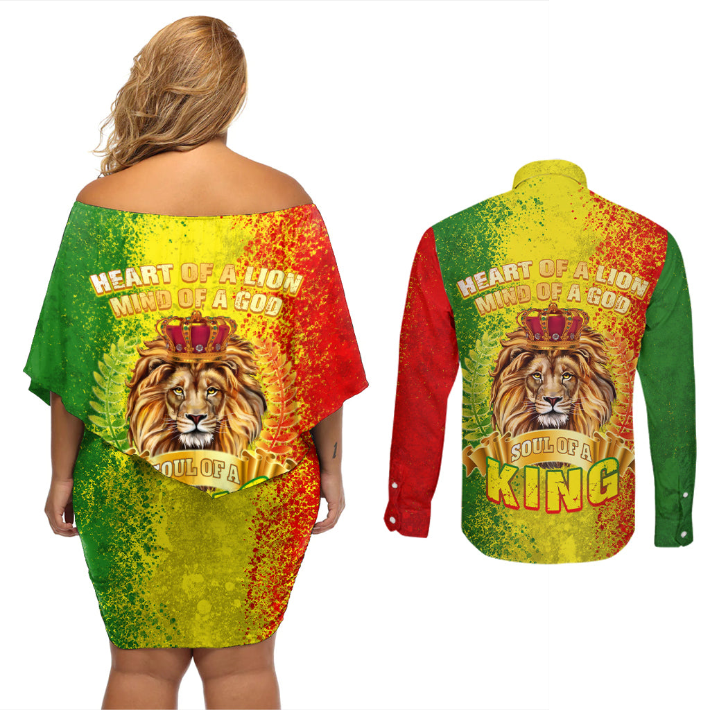 King's African Spirit Couples Matching Off Shoulder Short Dress and Long Sleeve Button Shirt Heart of A Lion - Wonder Print Shop