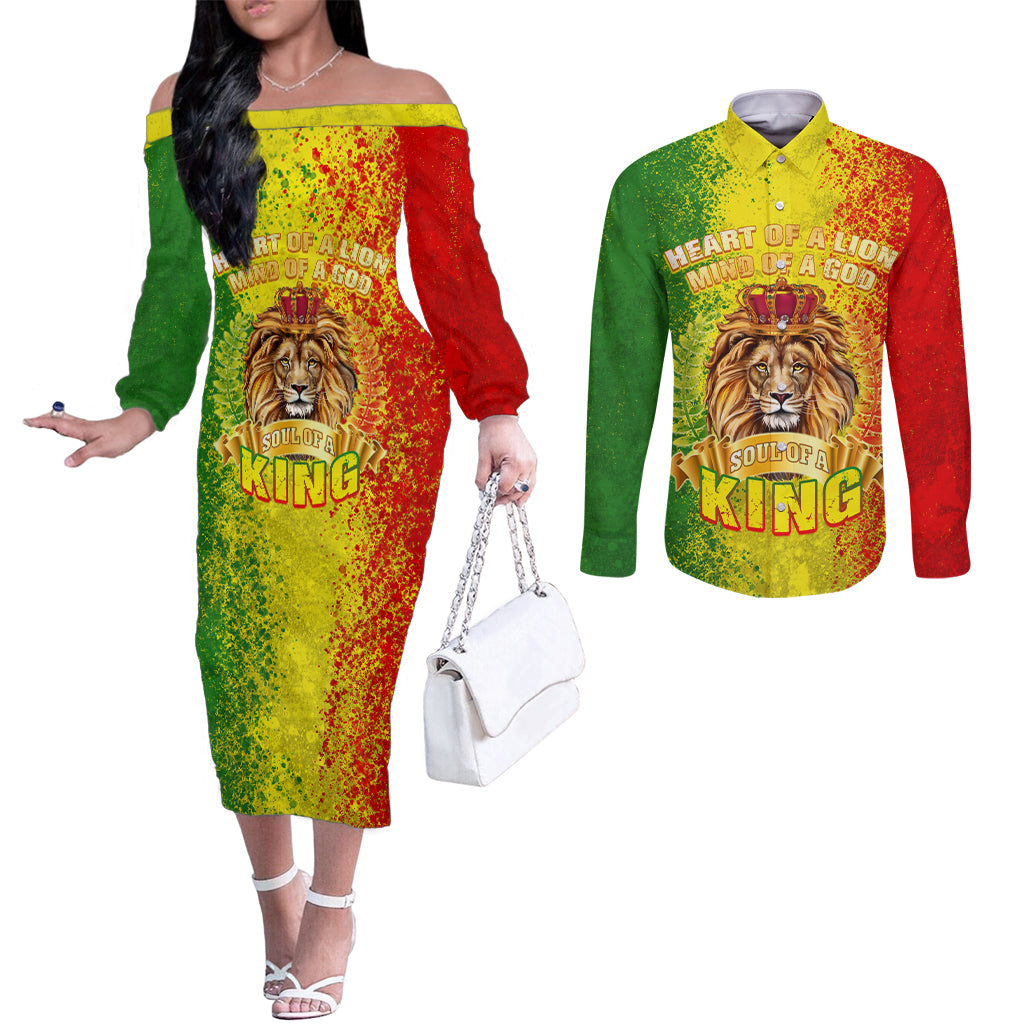 King's African Spirit Couples Matching Off The Shoulder Long Sleeve Dress and Long Sleeve Button Shirt Heart of A Lion