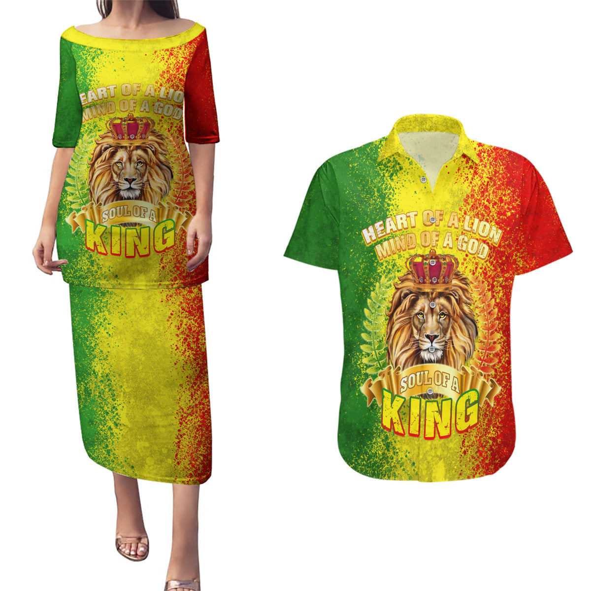 King's African Spirit Couples Matching Puletasi and Hawaiian Shirt Heart of A Lion - Wonder Print Shop