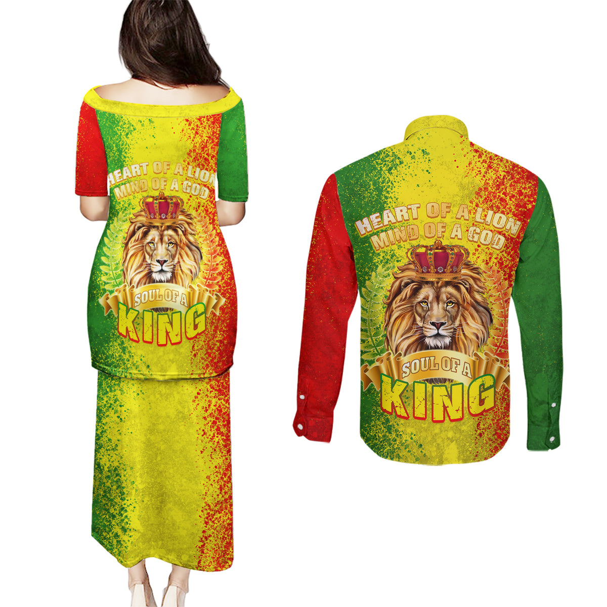 King's African Spirit Couples Matching Puletasi and Long Sleeve Button Shirt Heart of A Lion - Wonder Print Shop