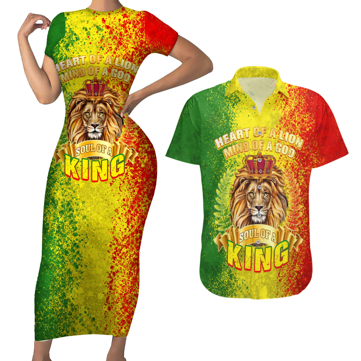 King's African Spirit Couples Matching Short Sleeve Bodycon Dress and Hawaiian Shirt Heart of A Lion - Wonder Print Shop