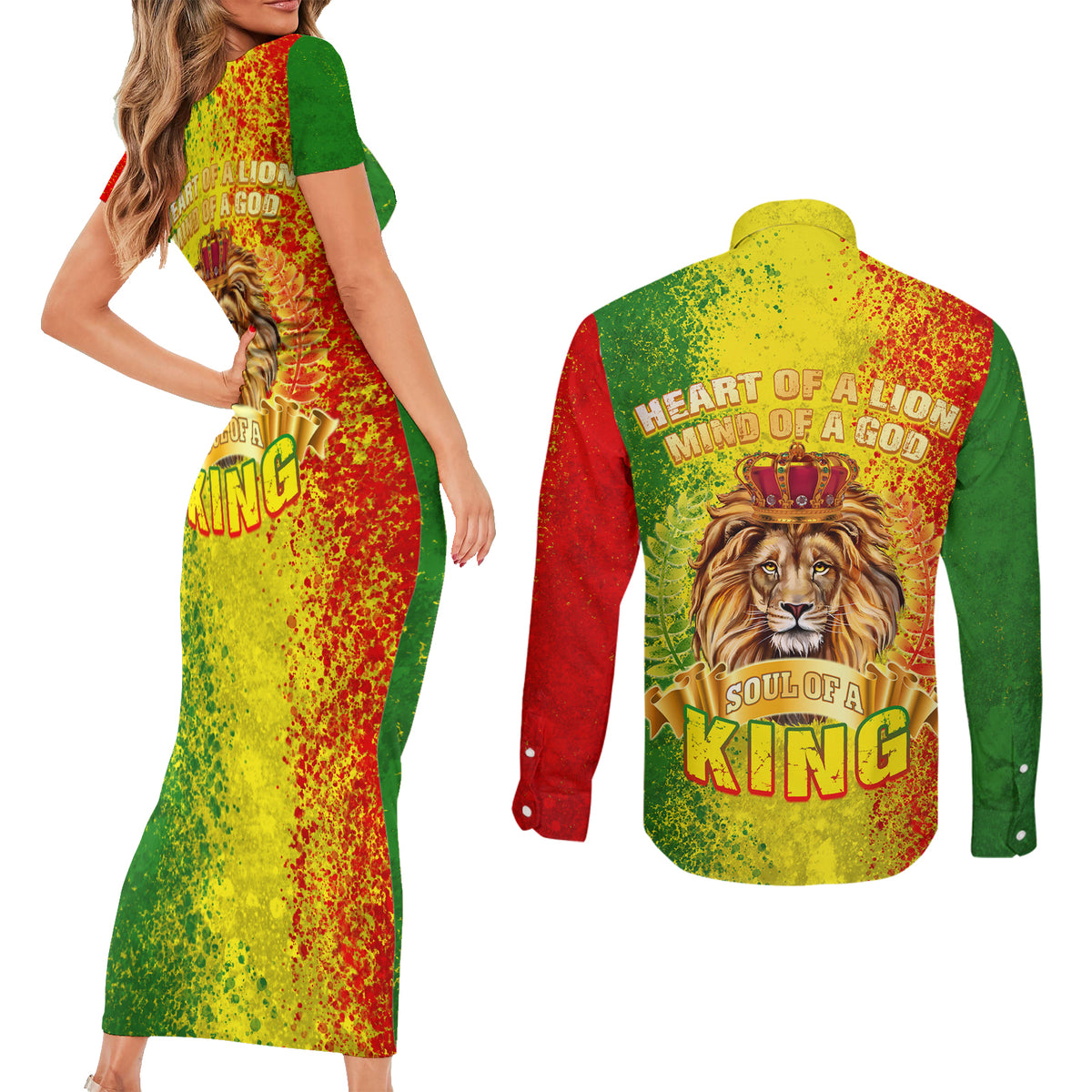 King's African Spirit Couples Matching Short Sleeve Bodycon Dress and Long Sleeve Button Shirt Heart of A Lion - Wonder Print Shop