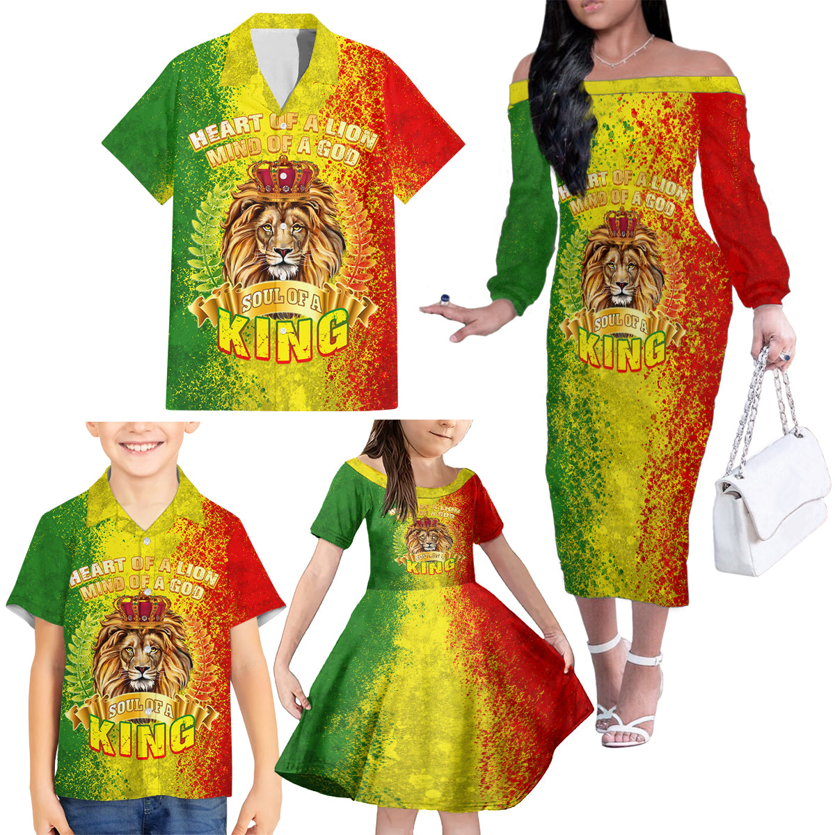 King's African Spirit Family Matching Off Shoulder Long Sleeve Dress and Hawaiian Shirt Heart of A Lion - Wonder Print Shop