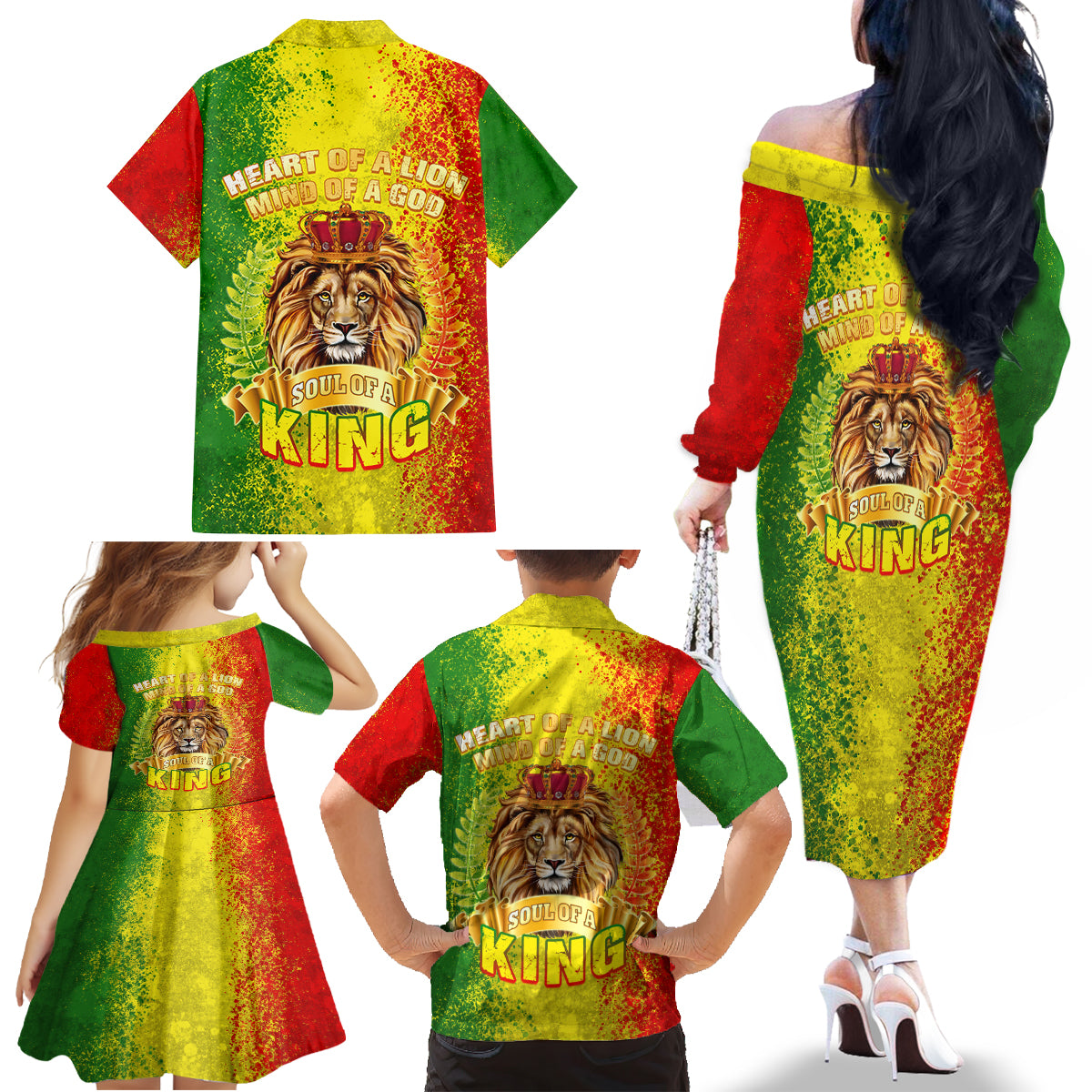 King's African Spirit Family Matching Off Shoulder Long Sleeve Dress and Hawaiian Shirt Heart of A Lion - Wonder Print Shop