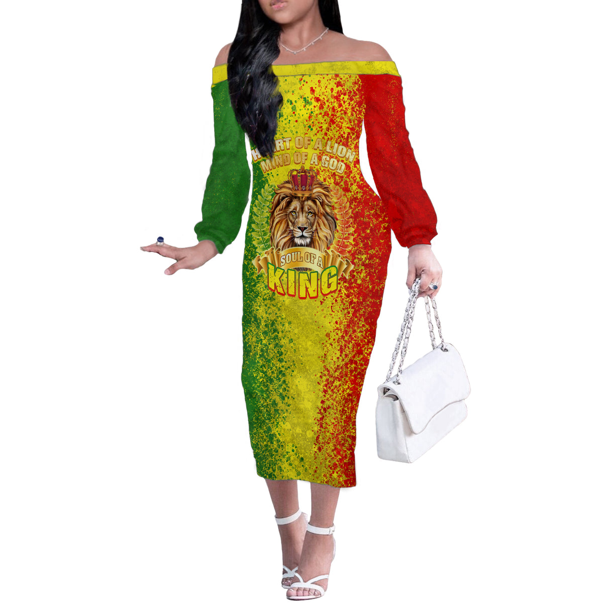 King's African Spirit Off The Shoulder Long Sleeve Dress Heart of A Lion - Wonder Print Shop
