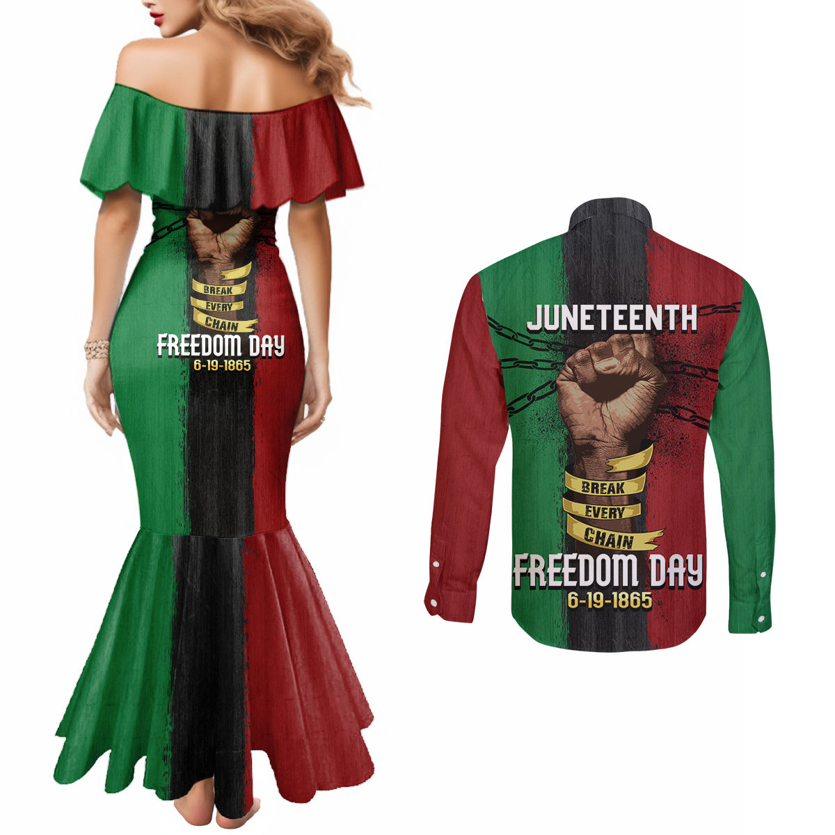 Juneteenth Freedom Day Couples Matching Mermaid Dress and Long Sleeve Button Shirt Black Pride Month