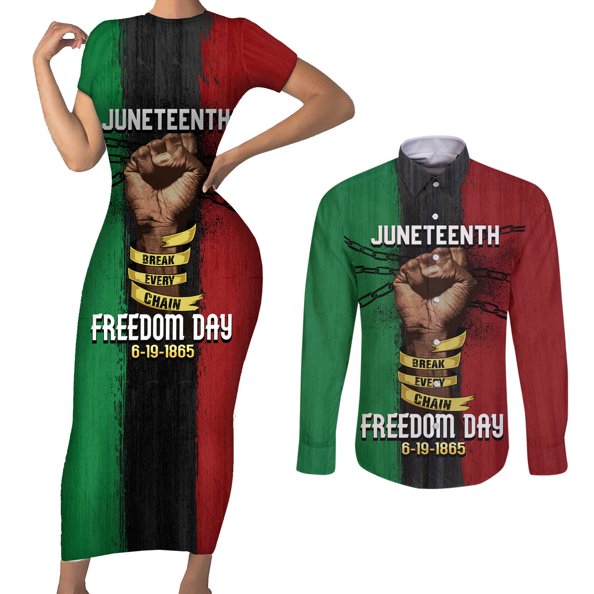 Juneteenth Freedom Day Couples Matching Short Sleeve Bodycon Dress and Long Sleeve Button Shirt Black Pride Month - Wonder Print Shop