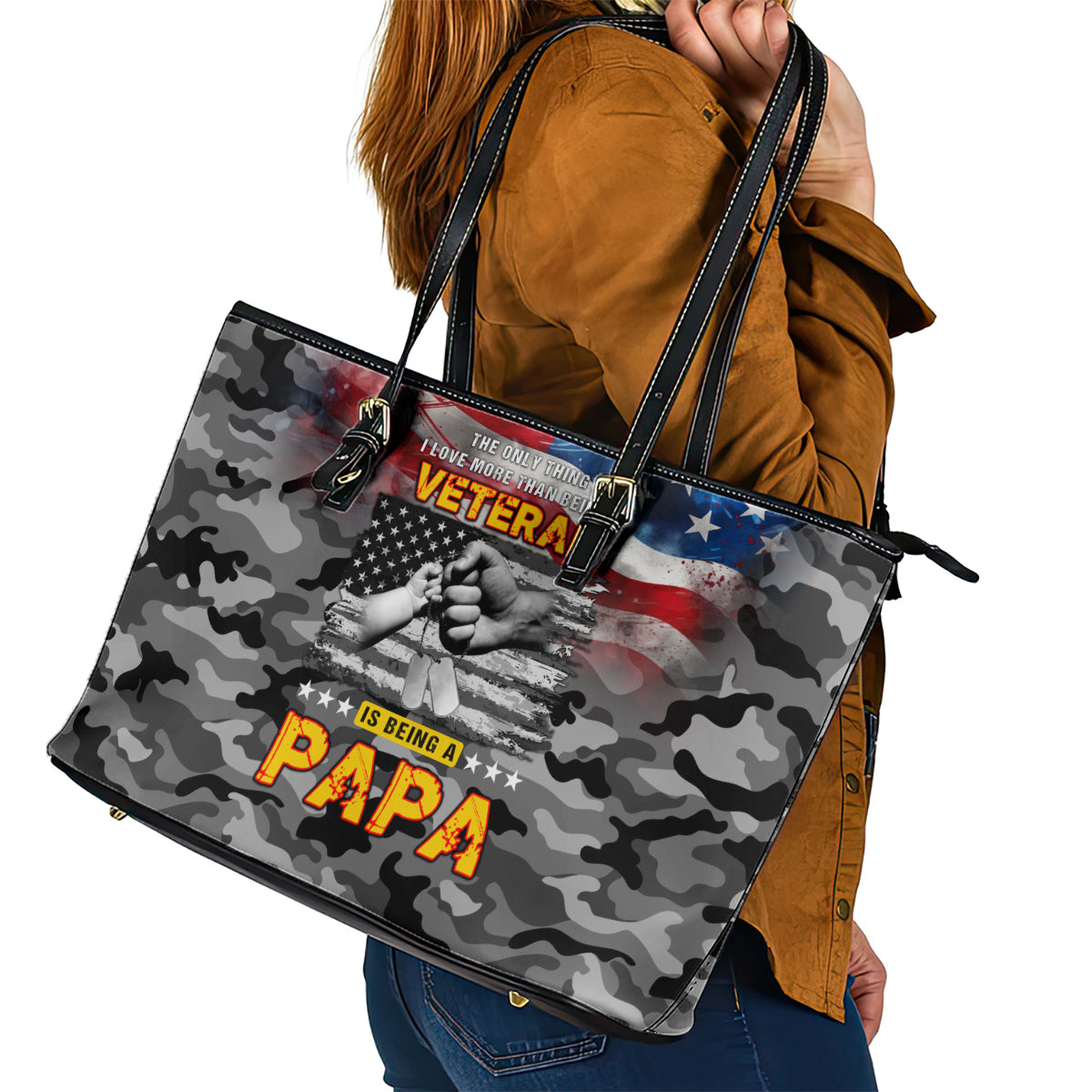 Father's Day Veteran Leather Tote Bag American Flag - Wonder Print Shop