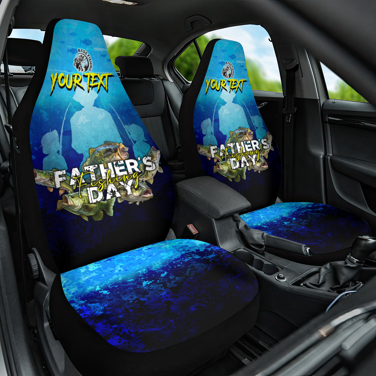 Personalized Father's Day Bass Fishing Car Seat Cover Son and Daughter