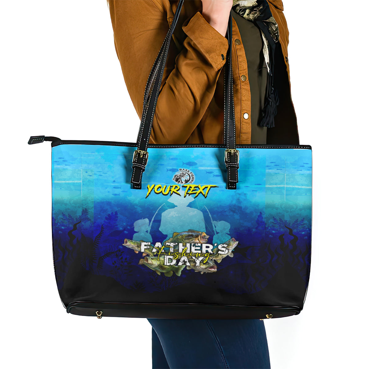Personalized Father's Day Bass Fishing Leather Tote Bag Son and Daughter - Wonder Print Shop