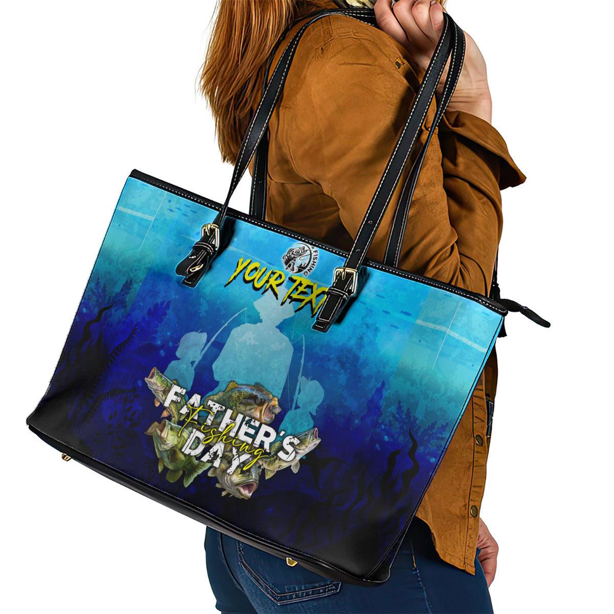 Personalized Father's Day Bass Fishing Leather Tote Bag Son and Daughter - Wonder Print Shop