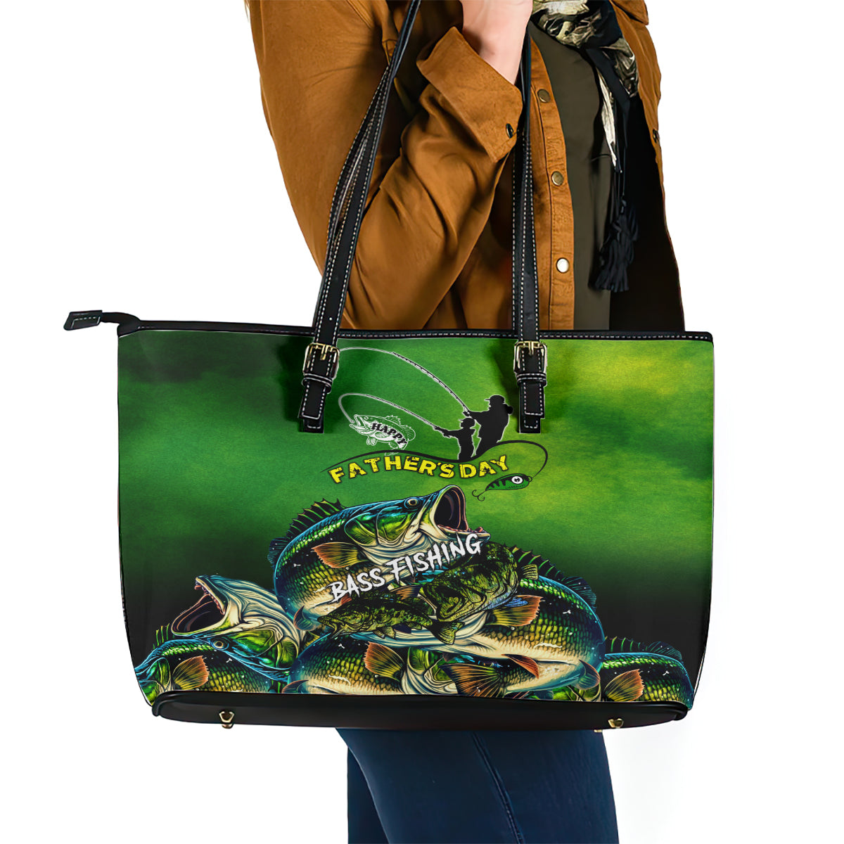 Father's Day Bass Fishing Leather Tote Bag Best Dad Ever - Wonder Print Shop