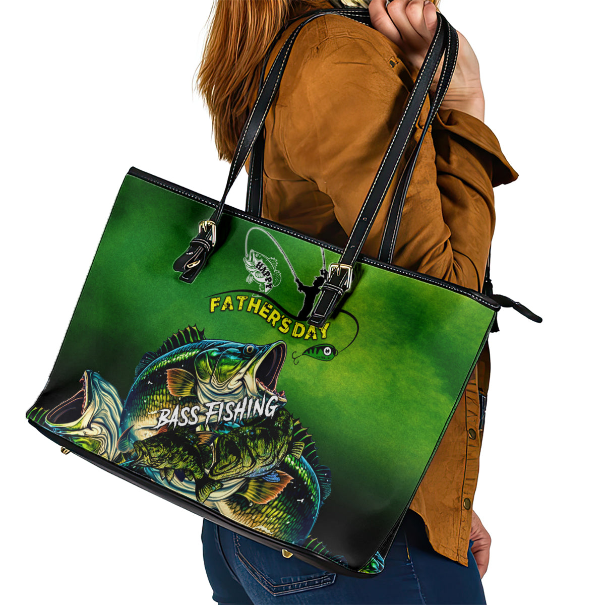 Father's Day Bass Fishing Leather Tote Bag Best Dad Ever - Wonder Print Shop