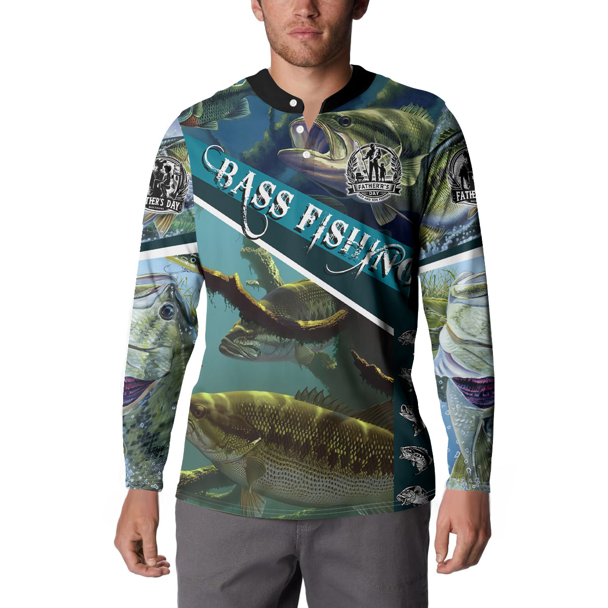 Happy Father's Day Bass Fishing Button Sweatshirt Dad and Son - Wonder Print Shop