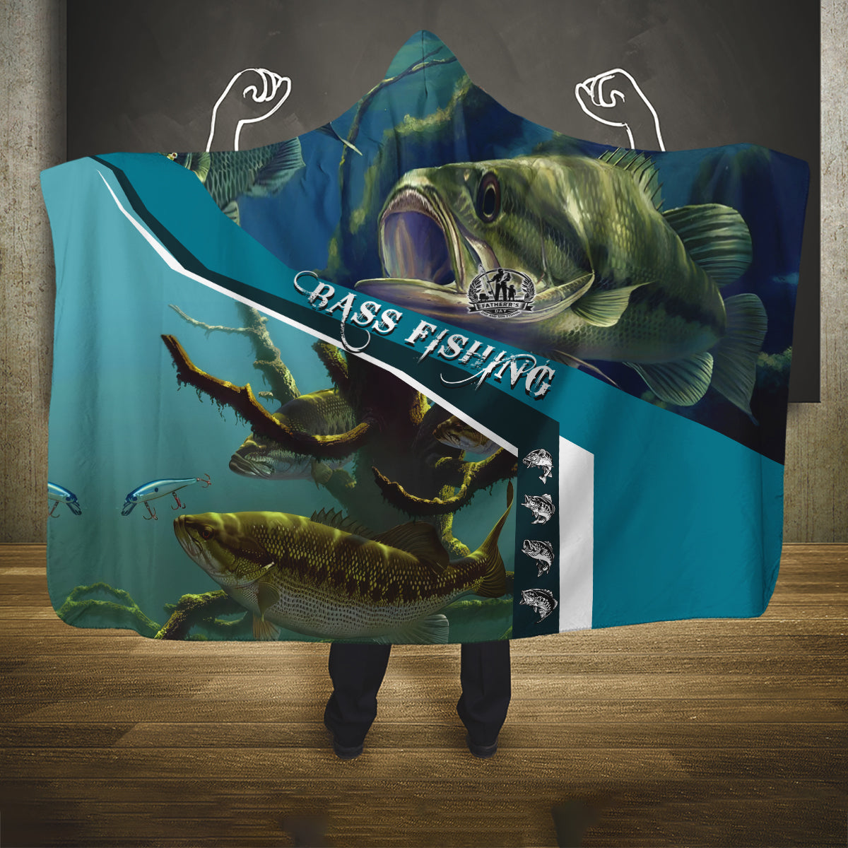 Happy Father's Day Bass Fishing Hooded Blanket Dad and Son