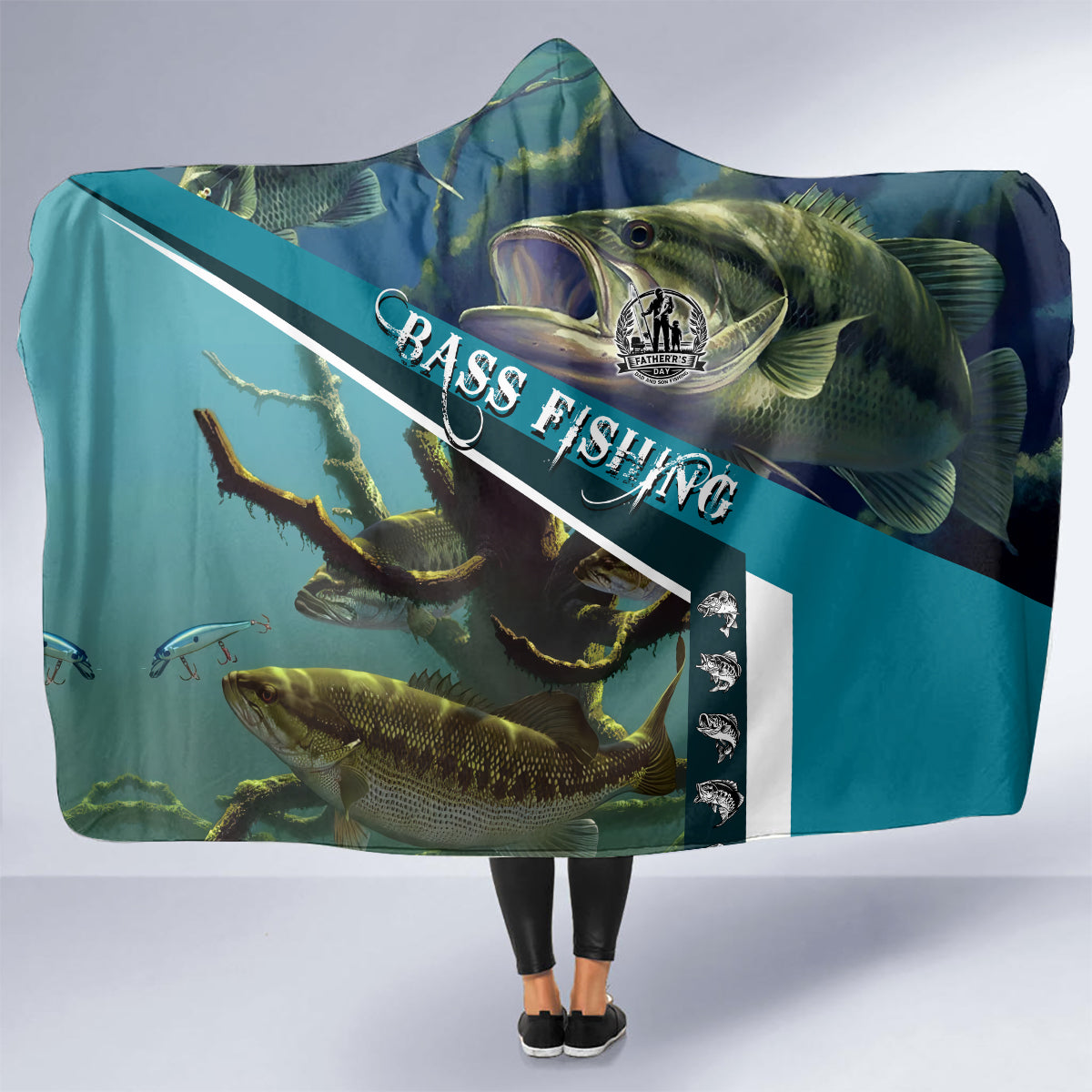 Happy Father's Day Bass Fishing Hooded Blanket Dad and Son