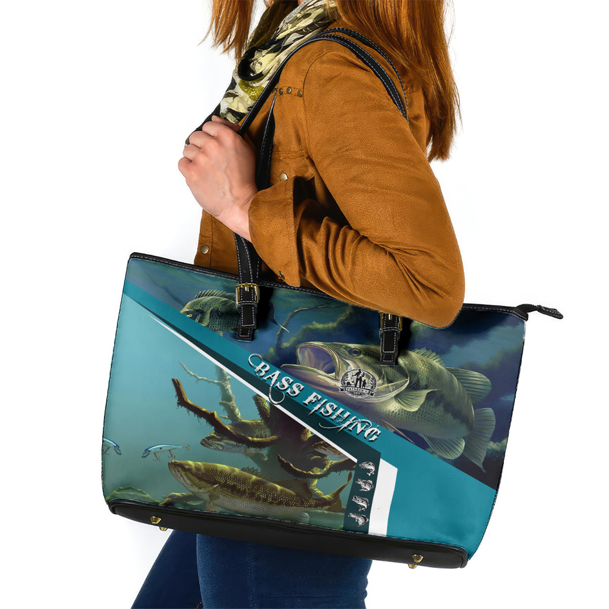 Happy Father's Day Bass Fishing Leather Tote Bag Dad and Son - Wonder Print Shop