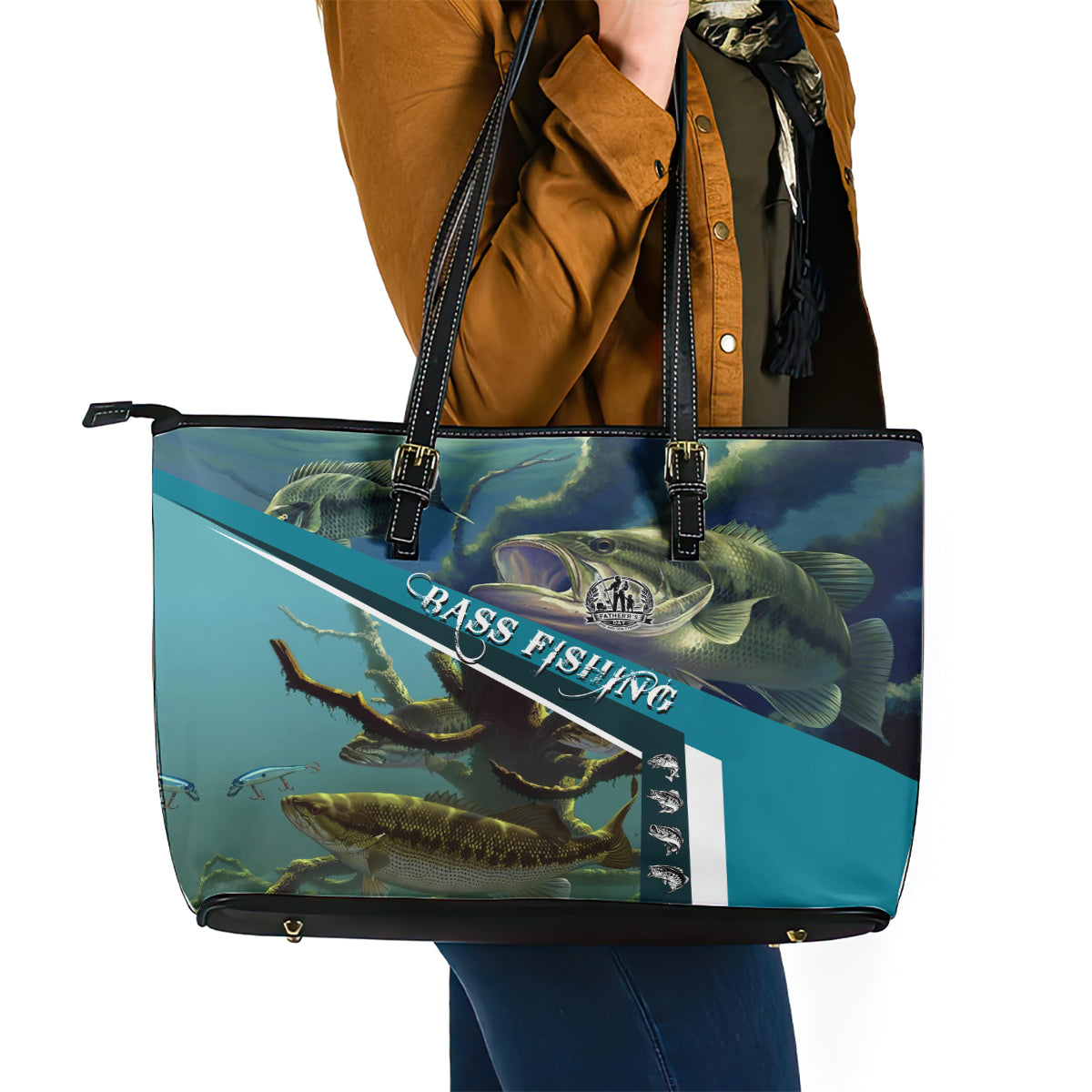 Happy Father's Day Bass Fishing Leather Tote Bag Dad and Son - Wonder Print Shop