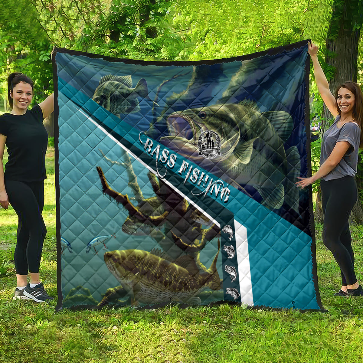 Happy Father's Day Bass Fishing Quilt Dad and Son - Wonder Print Shop