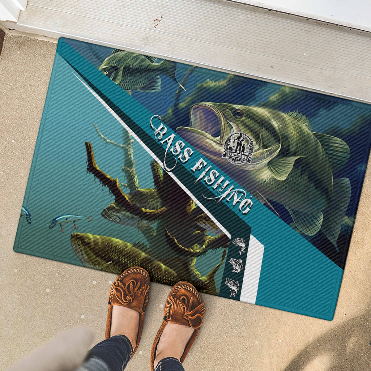 Happy Father's Day Bass Fishing Rubber Doormat Dad and Son - Wonder Print Shop