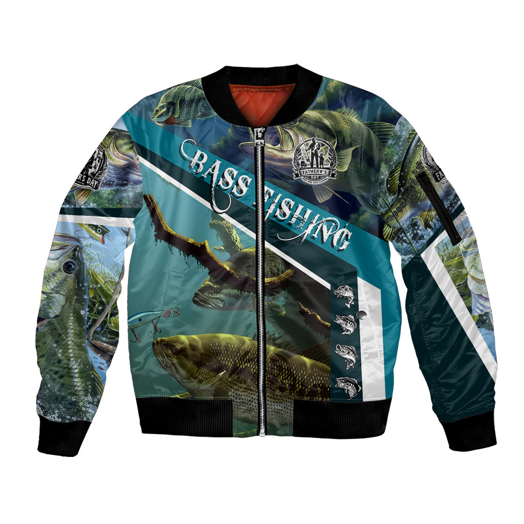 Happy Father's Day Bass Fishing Sleeve Zip Bomber Jacket Dad and Son - Wonder Print Shop