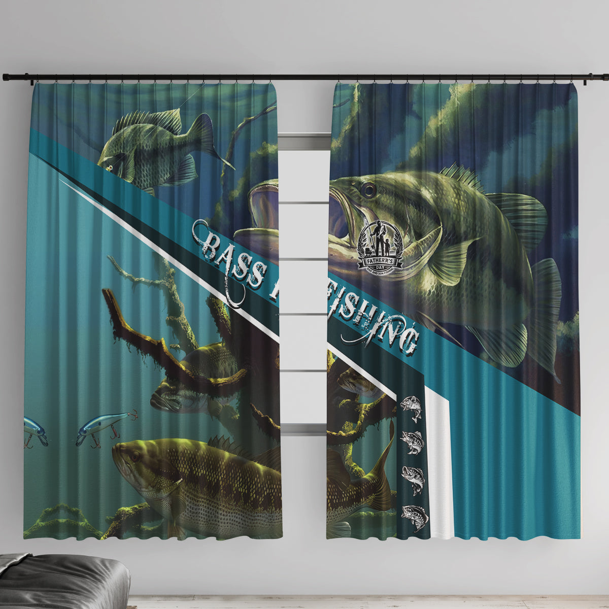 Happy Father's Day Bass Fishing Window Curtain Dad and Son - Wonder Print Shop