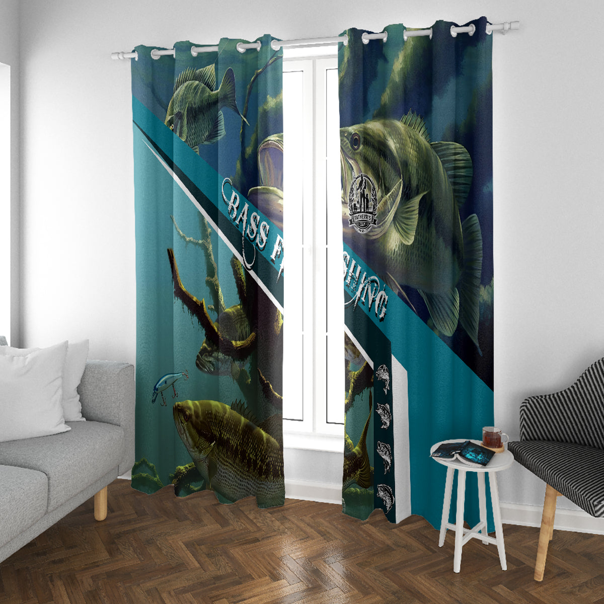 Happy Father's Day Bass Fishing Window Curtain Dad and Son - Wonder Print Shop