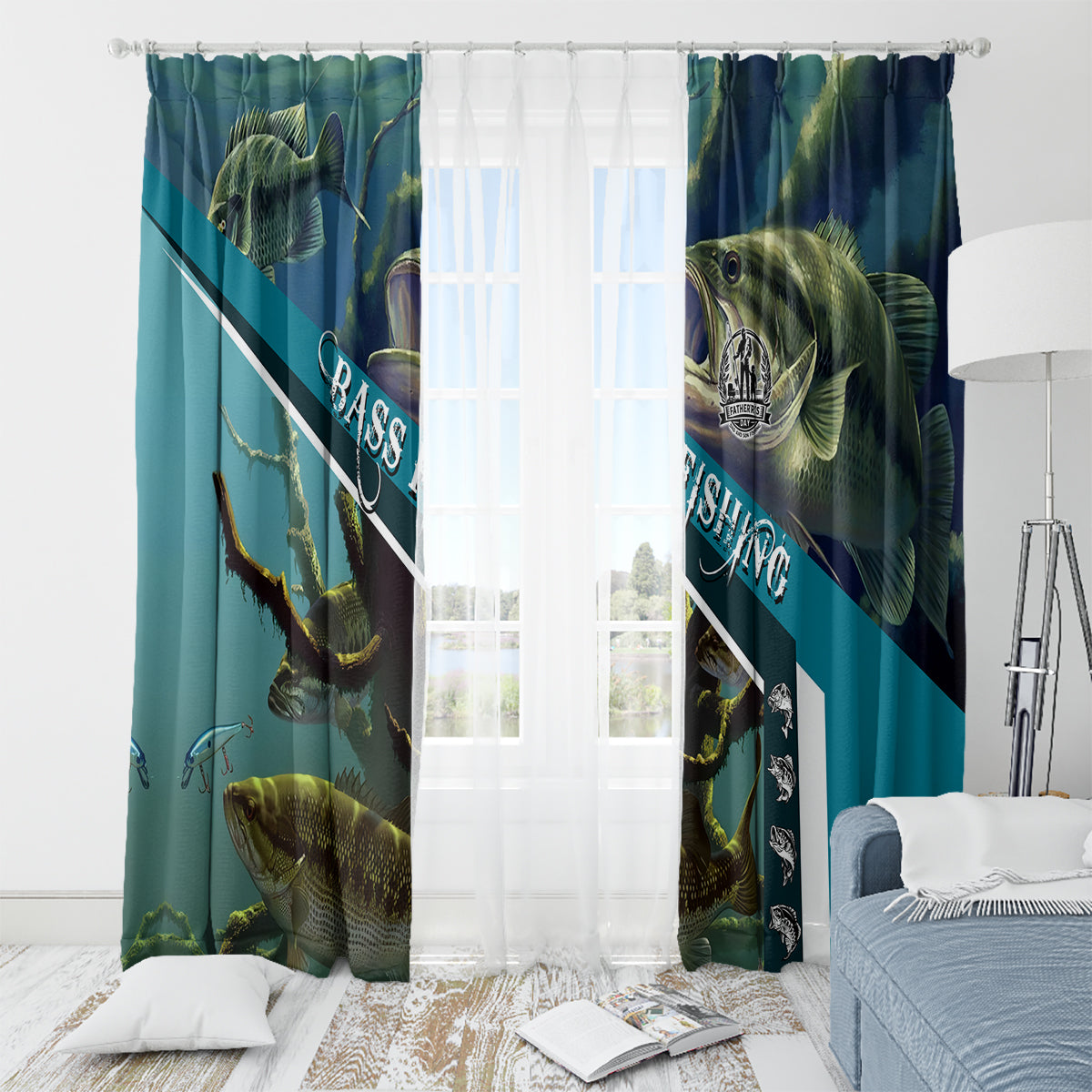 Happy Father's Day Bass Fishing Window Curtain Dad and Son - Wonder Print Shop