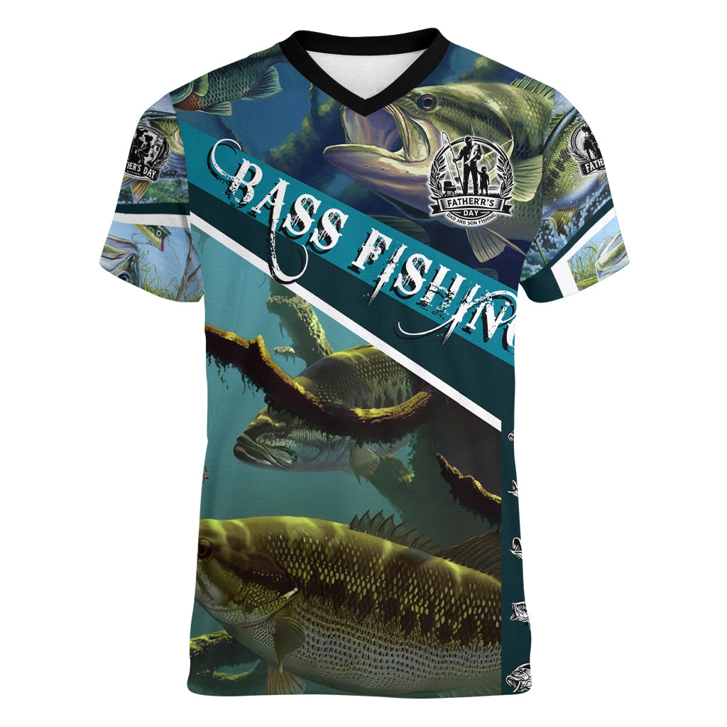 Happy Father's Day Bass Fishing Women V-Neck T-Shirt Dad and Son - Wonder Print Shop