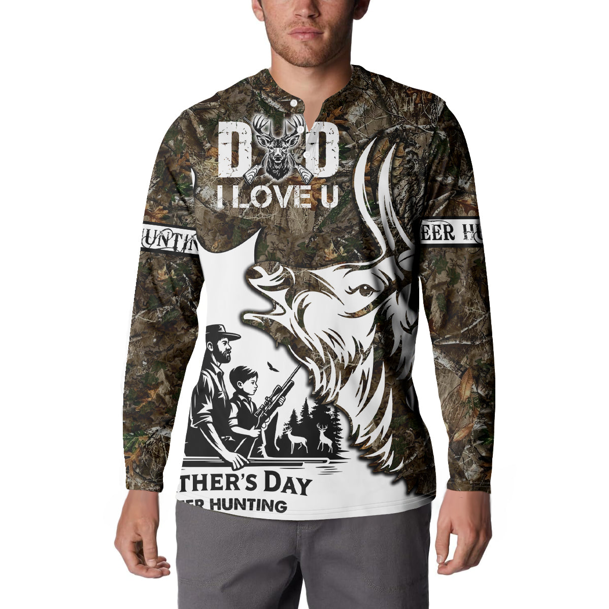 Happy Father's Day Deer Hunting Button Sweatshirt Dad I Love You - Wonder Print Shop