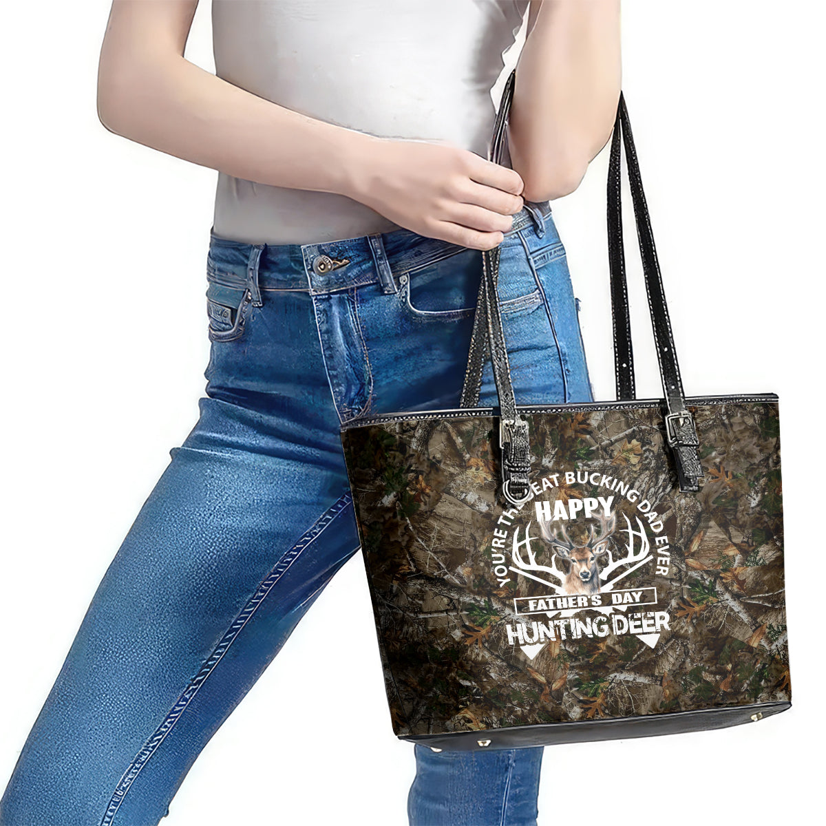 Happy Father's Day Deer Hunting Leather Tote Bag Dad I Love You - Wonder Print Shop
