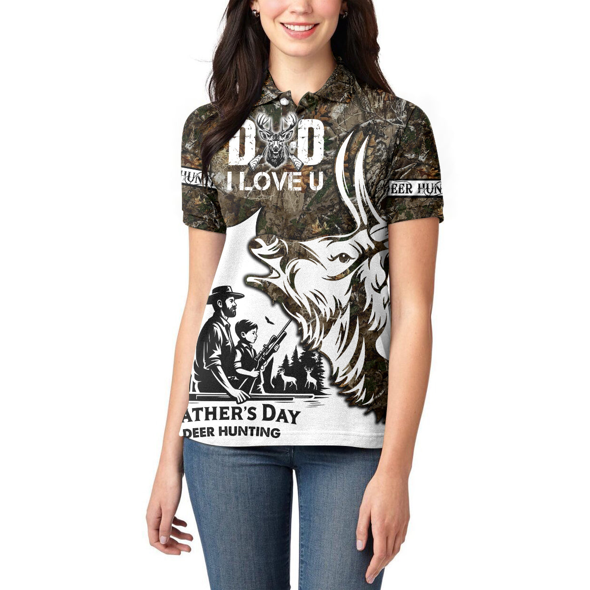 Happy Father's Day Deer Hunting Women Polo Shirt Dad I Love You - Wonder Print Shop